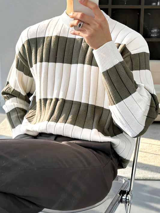 Men'S Stylish Striped Knit Pullover Sweater - Casual Round Neck, Suitable for Wearing in Spring, Autumn, And Winter