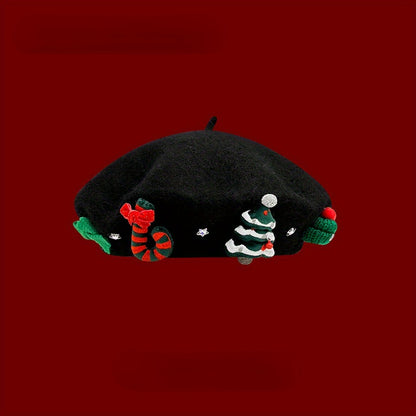 Women's Red Christmas Beret Hat with 3D Christmas Tree Decorations - Elastic Drawstring Closure, Lightweight Warm Winter Hat for Holiday Parties, Photo Shoots, Valentine's & New Year's Eve - Festive Movie-Inspired Fashion Acc
