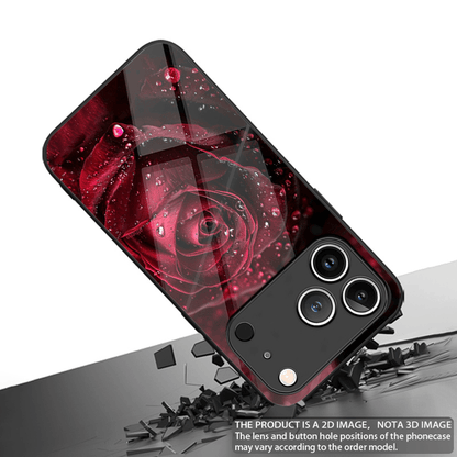 Tempered Glass Phone Case with Crimson Water Droplet Rose Design for i