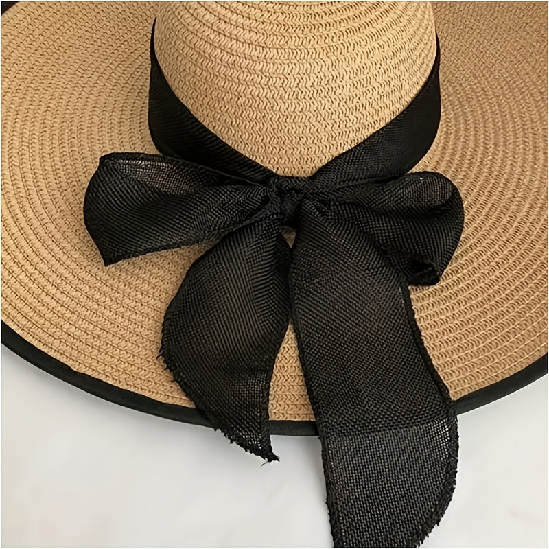 Elegant Women'S Wide Brim Straw Sun Hat with Black Bow - Stylish & Breathable Beach Hat for Summer, Ladies' Beach Accessory with Paper Straw Design, Beach Accessories|Bowknot Adornment|Paper Straw Material