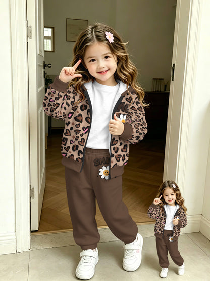 Girls Leopard Print Zip-Up Hoodie Set Lightweight Casual Outfit