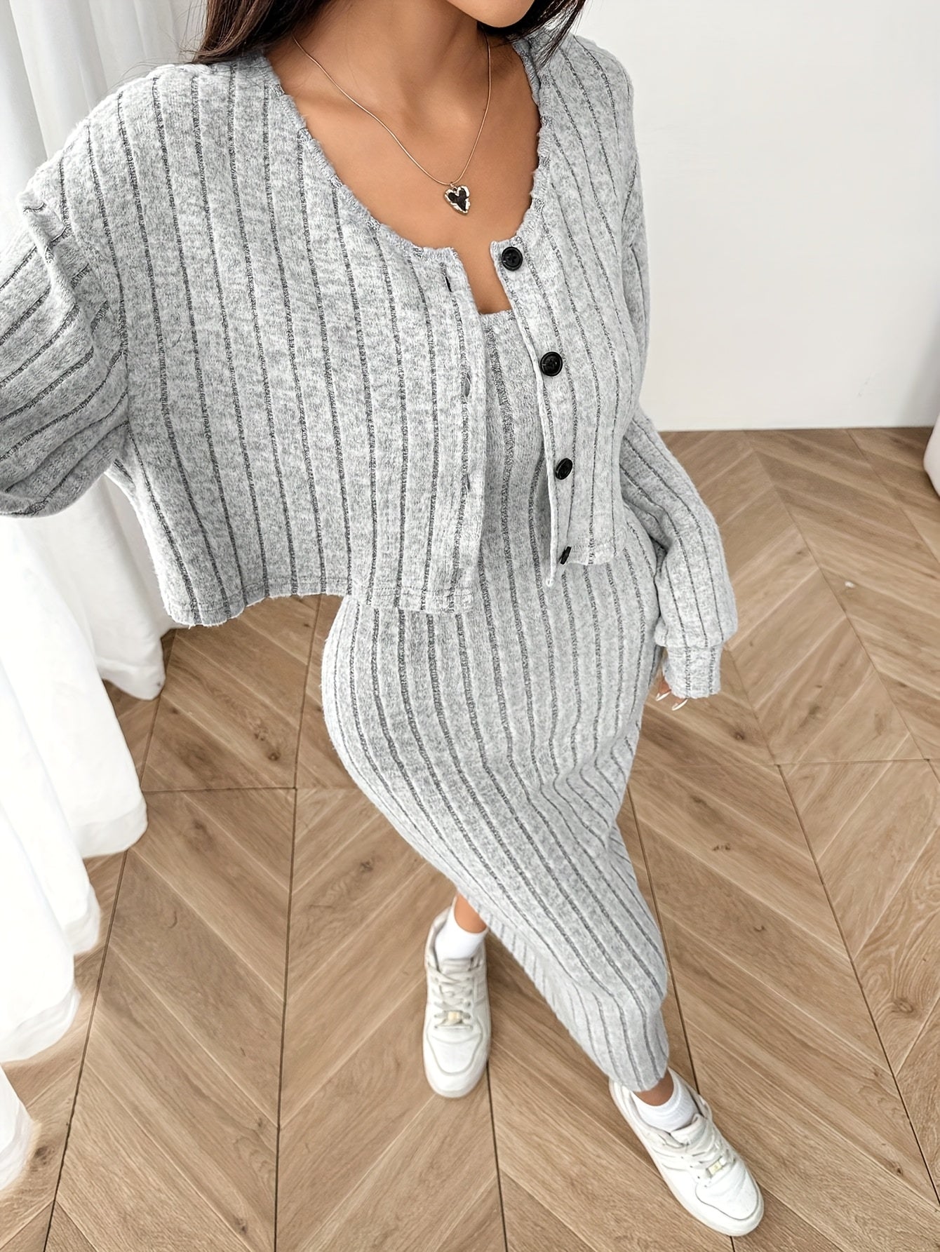 Women'S Autumn And Winter Outfit Featuring a Long-Sleeve Top with a Coat And a Camisole Dress in a Two-Piece Set.