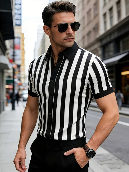 Men's Casual Striped Short-Sleeve Polyester Shirt