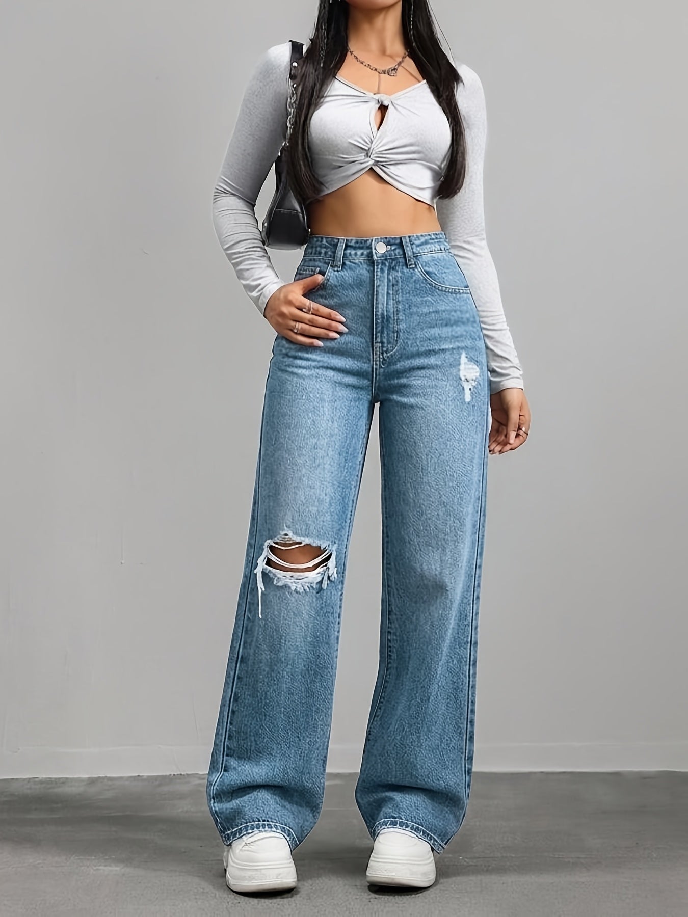 Women’s Y2K Low-Rise Wide-Leg Distressed Denim Jeans