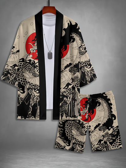 Men's Japanese Style Print Kimono Shorts Home Wear Casual Vacation Set