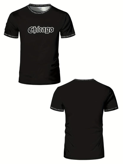 Men'S Chicago Print T-Shirt, Polyester-Spandex Blend, Crew Neck, Short Sleeve, Geometric Pattern, High Stretch, Tear Resistant, Sports  Casual Style, Summer Fit Top for Training, Yoga, Hiking  Festive Occasions