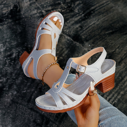 Women'S Fashion Open-Toe Strappy Sandals with Adjustable Ankle Strap, Mid-Heel, Solid Color, Faux Cover Upper  TPU Sole - Elegant Footwear for Casual Wear, Strappy Sandals