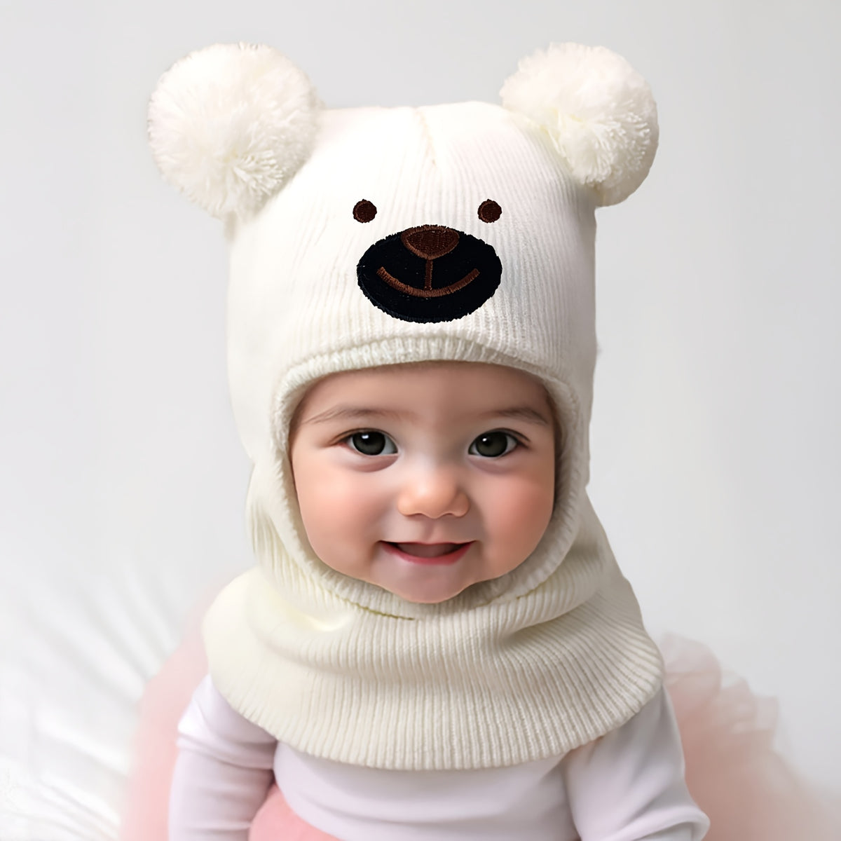 Toddler Bear Knit Balaclava Hat with Pom-Poms for Winter