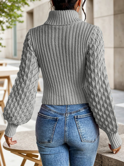 Casual High Neck Solid Color Lantern Sleeve Sweater | Short Length, Rib, Pullover Style, Suitable for All Seasons