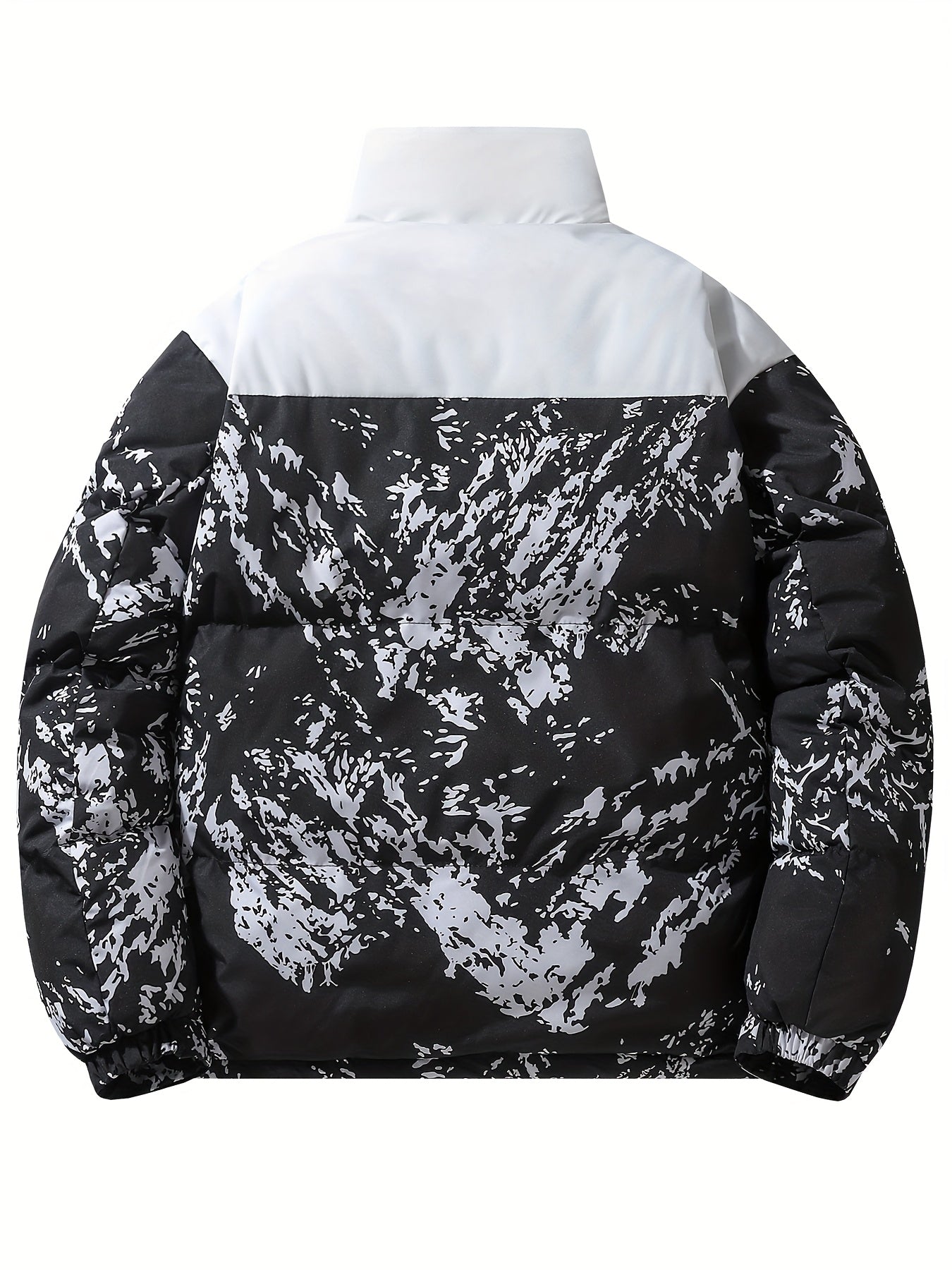 Men's Winter Jacket Windproof Coat with Stand Collar & Camo Marbled Pattern (Black/White/Grey) - Thickened Padded, Full-Zip Closure, for Skiing,, Outdoor Activities - Cold Weather Survival