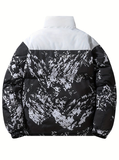 Men's Winter Jacket Windproof Coat with Stand Collar & Camo Marbled Pattern (Black/White/Grey) - Thickened Padded, Full-Zip Closure, for Skiing,, Outdoor Activities - Cold Weather Survival
