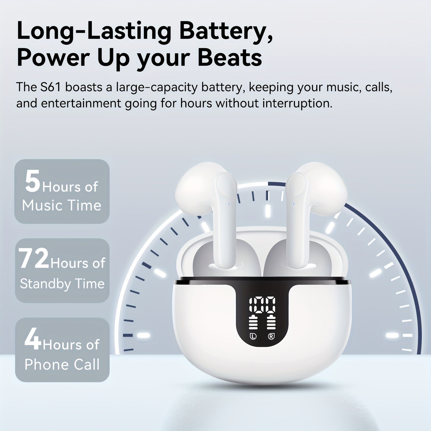 Wireless Earbuds Headphones, 40H Playtime Stereo Ear Buds, LED Power Display Cordless In-Ear Earphones with Microphone for iOS Andriod Cell Phone Sports