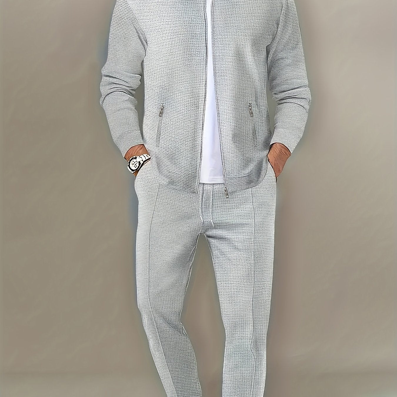 Men's Spring Waffle Knit Sportswear Set, European and American Style Casual Outfit