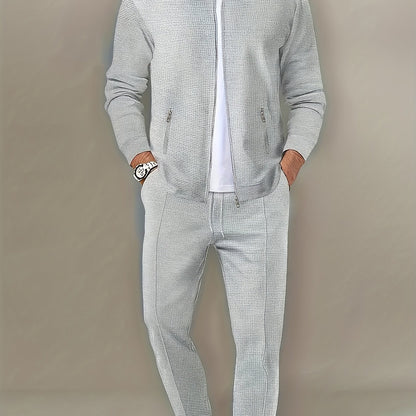Men's Spring Waffle Knit Sportswear Set, European and American Style Casual Outfit