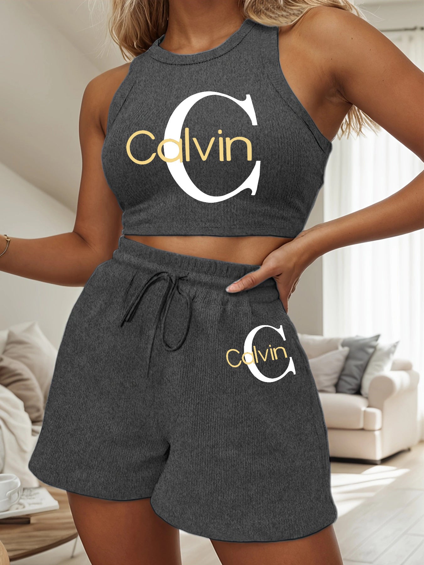 Women's Casual Two-Piece Set with Graphic Print Vest & Shorts
