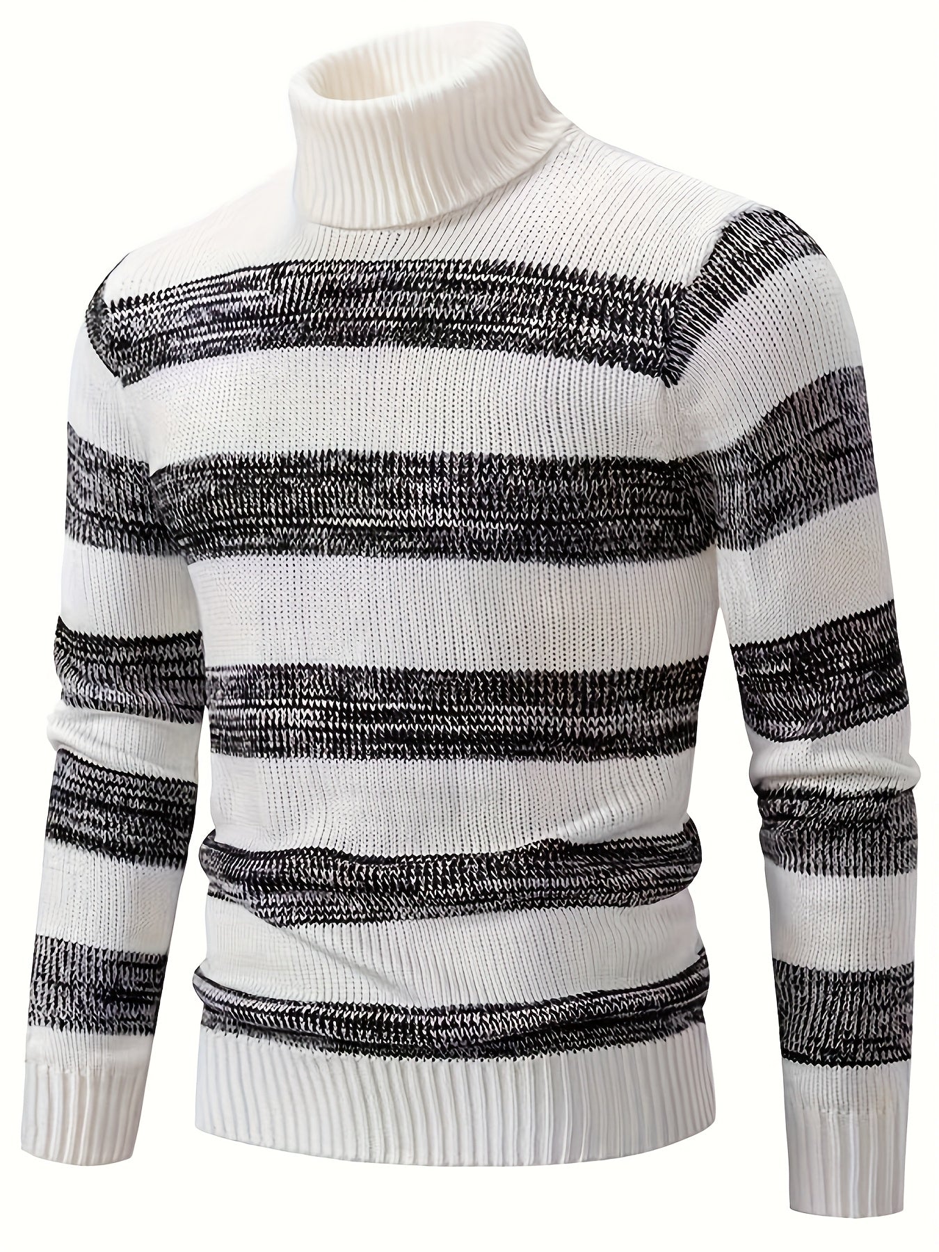 Men'S Stylish Black & White Striped Knit Pullover Sweater - High Neck, Long Sleeve, Ribbed Cuffs, Casual Fall/Winter Wear, Casual Wear Sweater | Highneck Sweater | Knit Construction, Sweater Vest