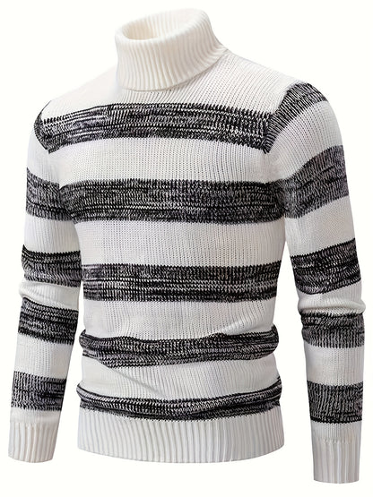 Men'S Stylish Black & White Striped Knit Pullover Sweater - High Neck, Long Sleeve, Ribbed Cuffs, Casual Fall/Winter Wear, Casual Wear Sweater | Highneck Sweater | Knit Construction, Sweater Vest