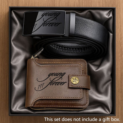 2pcs Men's Belt and Coin Purse Set, Young Forever Series with Exquisite Print Design, Premium Business Combo, Unisex Fashion Accessories for Daily Use, Perfect Gift for Dad