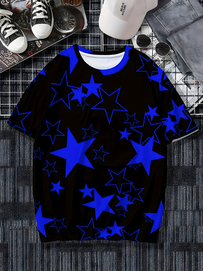 Men's Allover Color Blocking Stars Pattern Short Sleeve Crew Neck T-shirt For Summer, Casual Stylish Tee As Gift