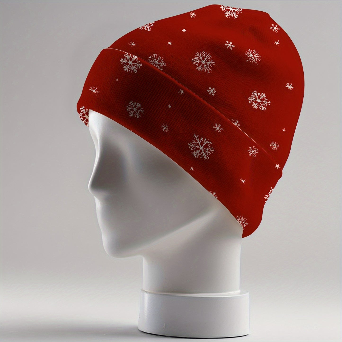 Women's Winter Beanie Hat - Red Snowflake Pattern, Stretchy Snug Fit for Skiing, Ice Skating, Christmas Party - Lightweight Cold Weather Cap for Women (Easy Care) - Holiday Gift Idea