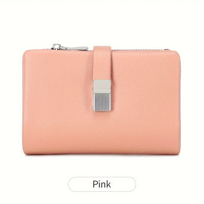 A Compact Trifold Wallet Made of Soft PU in a Solid Color, Featuring Metal Accents. It Includes a Zippered Coin Pocket, Card Slots, And an ID Window, Suitable for Credit Cards, ID Cards, Cash, And Coins. This Modern, Lightwei