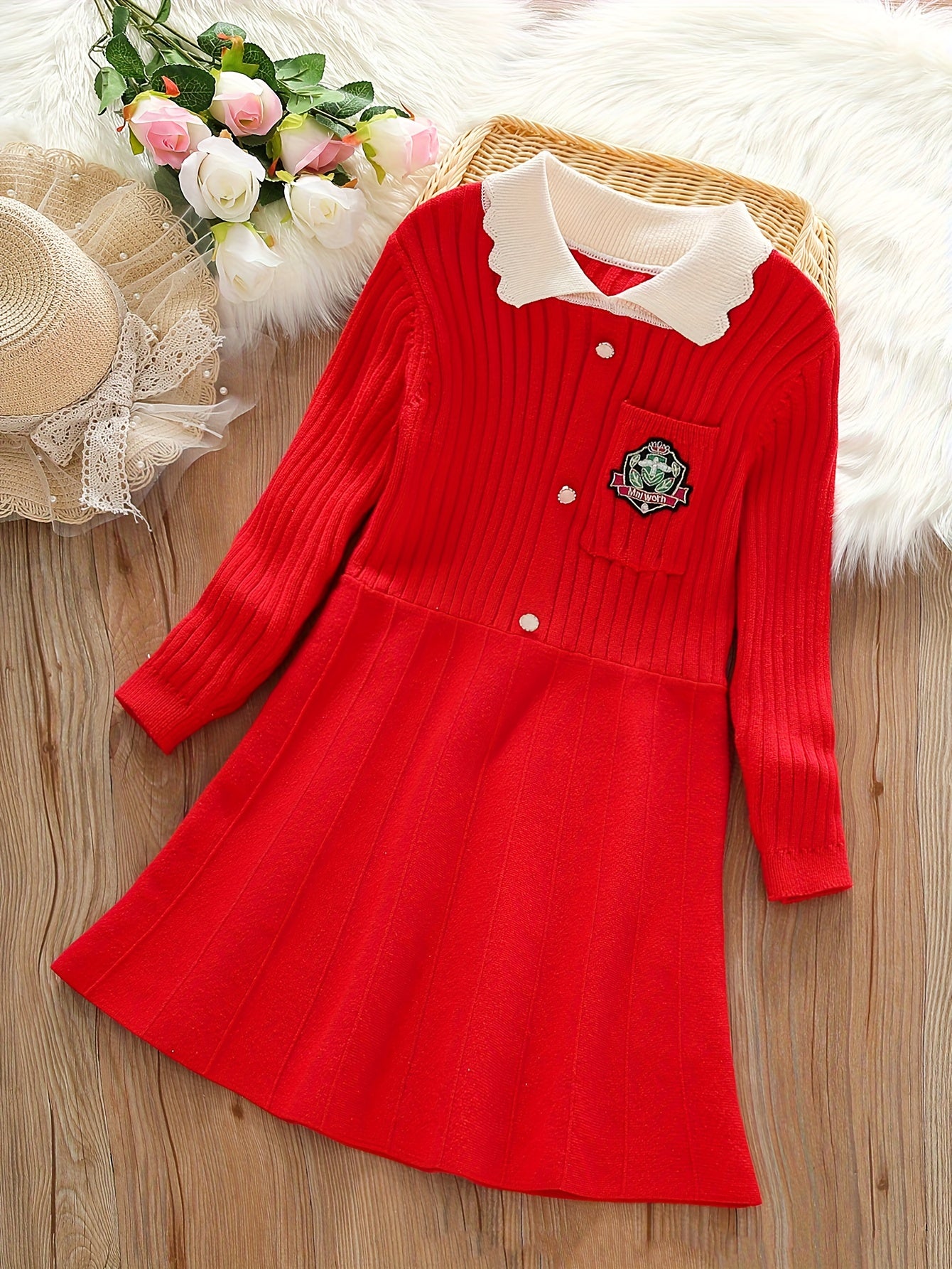 Girls' Preppy Knit Midi Dress with Embroidered Pattern, Long Sleeve