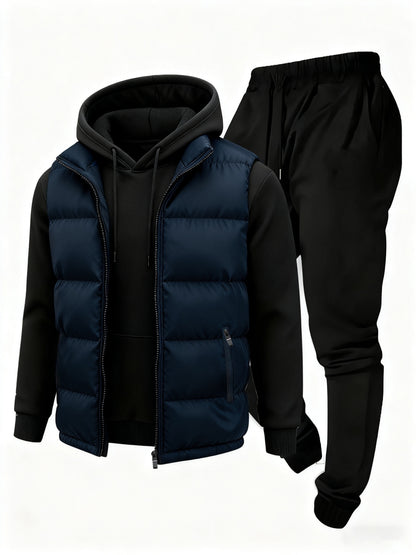 3pcs Vest Casual Set for Men Men's Casual Cartoon Drawstring Pocket Hoodie and Sports Drawstring Trousers Matching Set