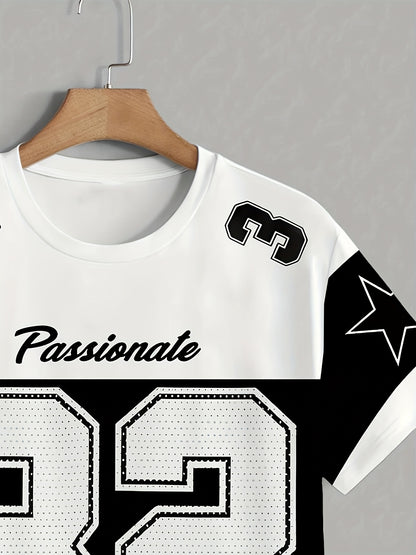 Men'S Summer Casual Crew Neck T-Shirt - Short Sleeve, Print Number 32 Design, White  Black Contrast, Regular Fit Casual Top for Casual Attire, Leisure Clothing   Contrast Color Top   Comfortable Fit