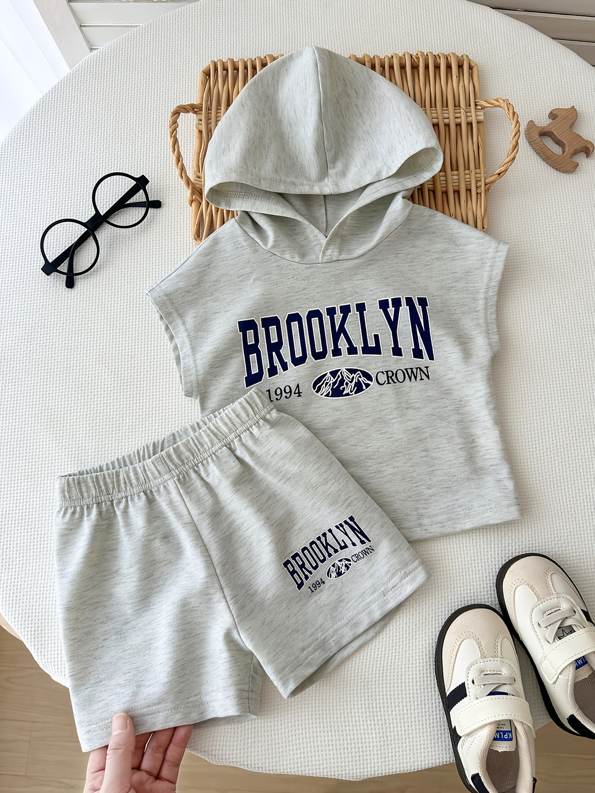 Baby Boys Sleeveless Knitted Hooded Top with Casual Shorts