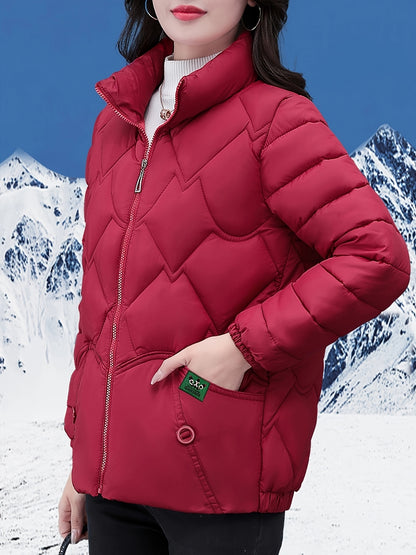 Plus Size - Women'S Stylish Red Quilted Jacket - Long Sleeve, Zip-Up Winter Coat with Pockets, Casual Polyester Outerwear for Cold Weather, Winter Jacket