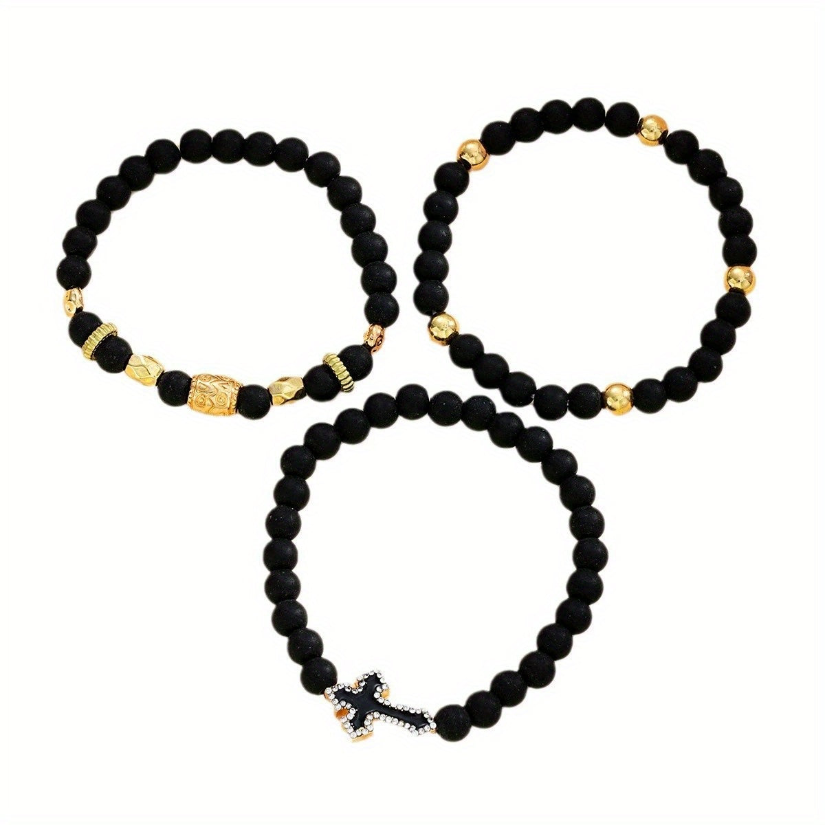 A Set of Three Men'S Bracelets Featuring Black Beads And Cross Decorations, Perfect for Mature Men. These Accessories Are Suitable for Everyday Wear And Make Great Gifts for Men.