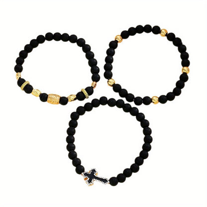 A Set of Three Men'S Bracelets Featuring Black Beads And Cross Decorations, Perfect for Mature Men. These Accessories Are Suitable for Everyday Wear And Make Great Gifts for Men.
