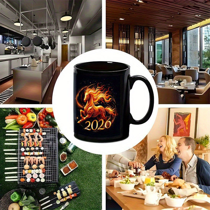 1pc 11oz Chinese New Year of the Horse 2026 Ceramic Mug - Glossy Black & Fire Horse Design Coffee Cup with Auspicious Red/ Horses, Hand Wash Only, Reusable Gift for Home, Office, Travel, Lunar New Year Celebrations