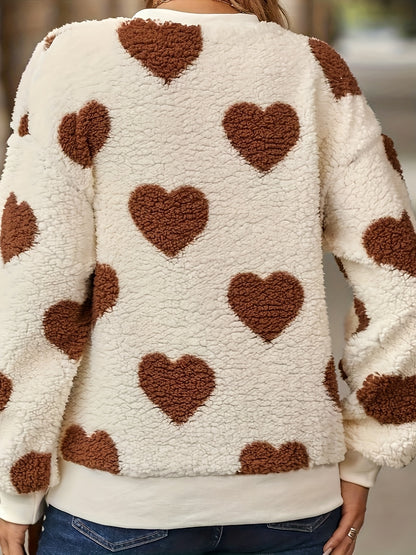 Women'S Cozy Fleece Sweatshirt with Heart Print - Long Sleeve, Crew Neck, White with Brown Hearts, Casual Fall/Winter Pullover, Casual Winter Wear | Cozy Fleece Material | Plush Texture