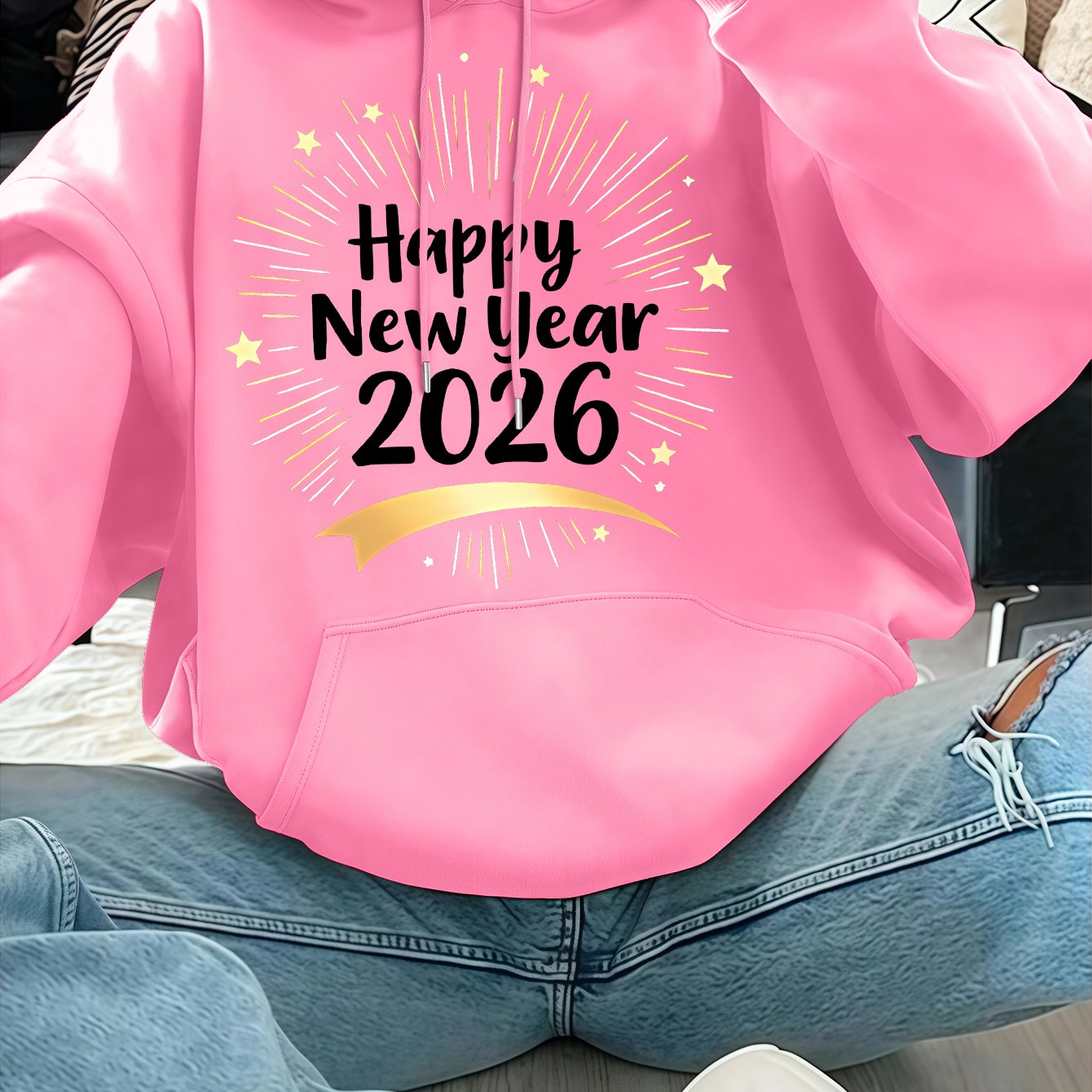 Women'S Pink "Happy New Year 51.46meter Print Hoodie - Cozy Casual Pullover with Golden Glittery Lettering, Long Sleeves, and Drawstring Hood, Perfect for Winter Celebrations, Winter Hoodie | Festive Print Hoodie | Stretchy F