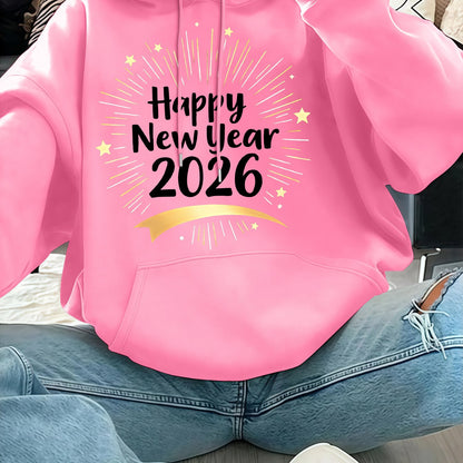 Women'S Pink "Happy New Year 51.46meter Print Hoodie - Cozy Casual Pullover with Golden Glittery Lettering, Long Sleeves, and Drawstring Hood, Perfect for Winter Celebrations, Winter Hoodie | Festive Print Hoodie | Stretchy F