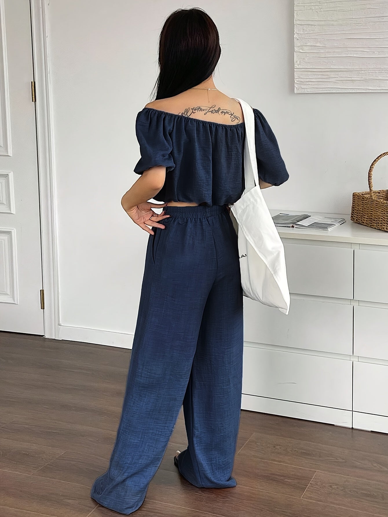 Women's Summer Solid Color Off-Shoulder Puff Sleeve Crop Top and Loose Wide-Leg Pants Two-Piece Set
