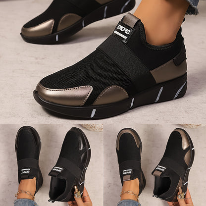 Women's Slip-On Sneakers - Lightweight Knit Upper, Breathable Design, Comfortable Casual Shoes with Strap, Black  Golden Accents, Round Toe for All-Day Wear, Sporty Sneakers   Round Toe Shoes   Flexible Sole, Ladies Sneakers