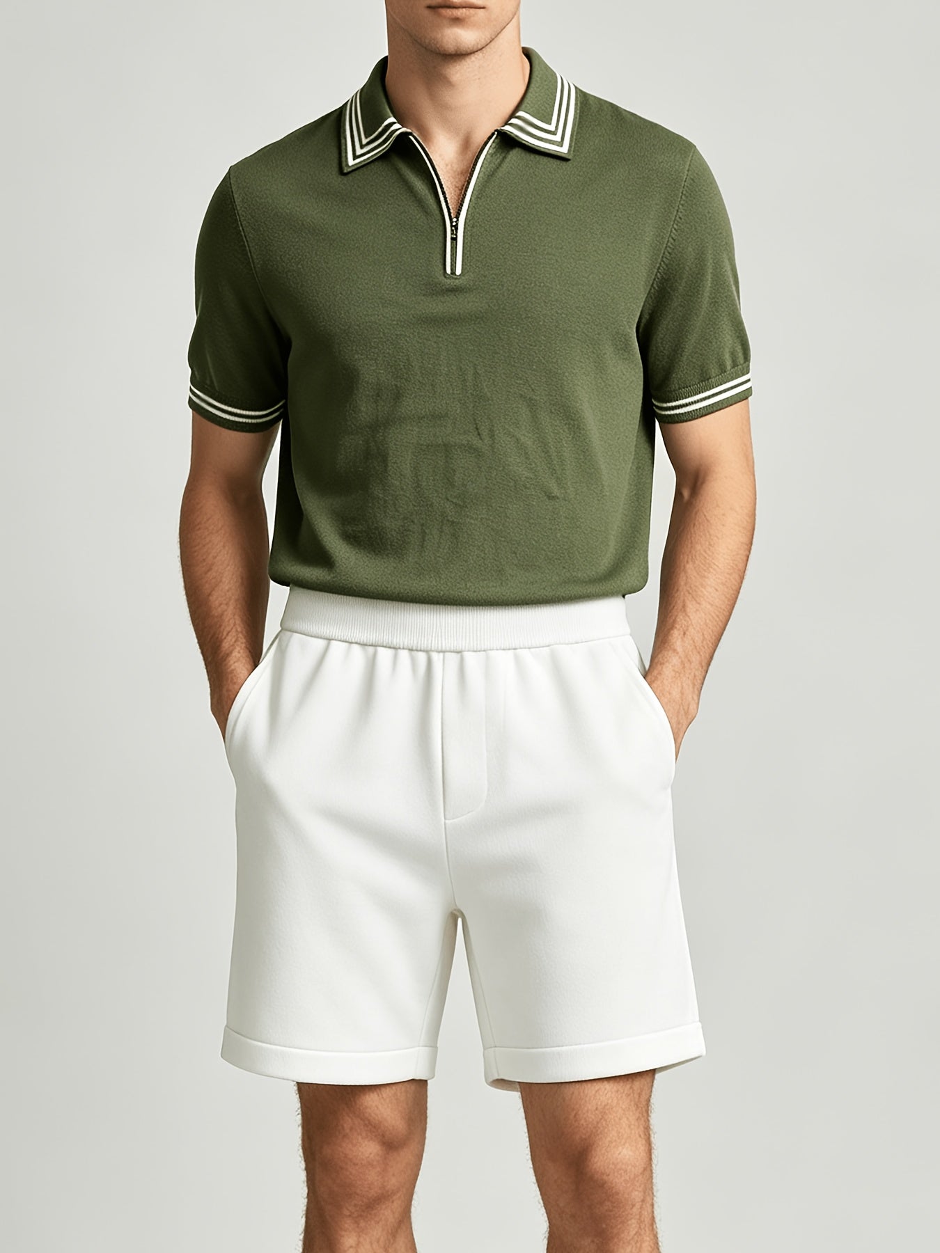 Men's Casual Striped Knit Polo & Lightweight Shorts Set