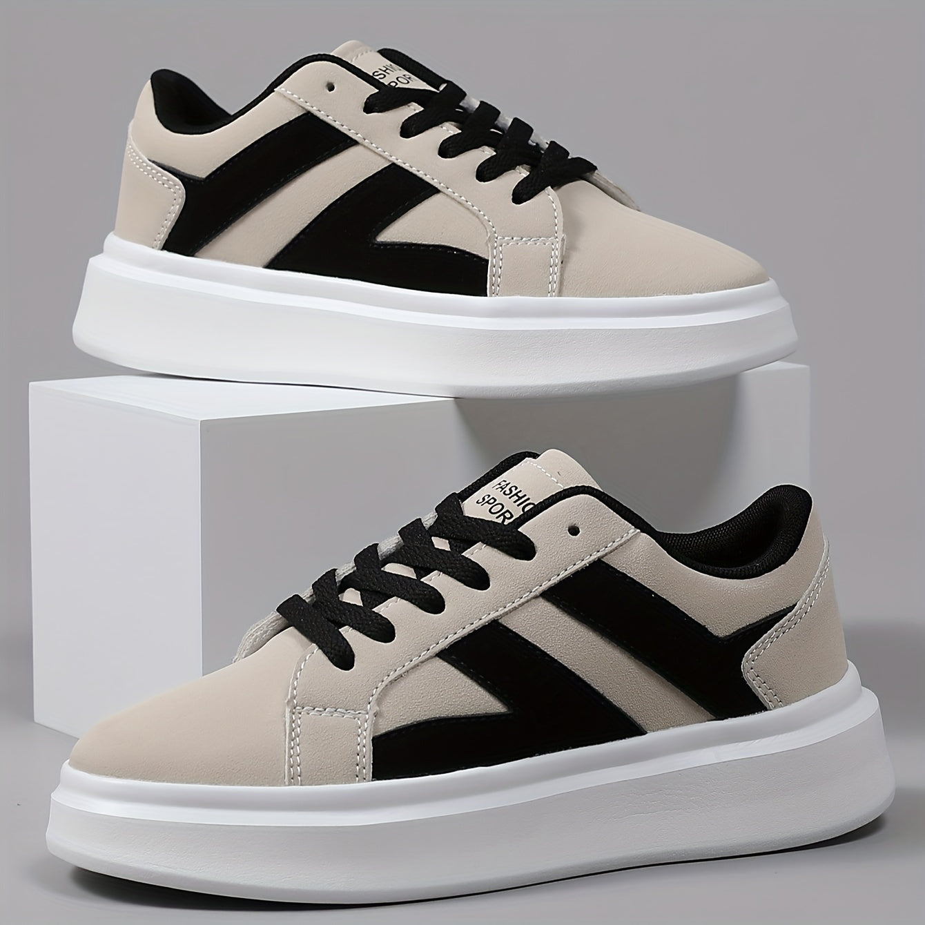 Men's Casual Athletic Sneakers - Comfortable Low-Top Lace-Up Shoes with Geometric Design, Black  Beige, EVA Sole, Microfiber Upper for Casual Attire and Sports