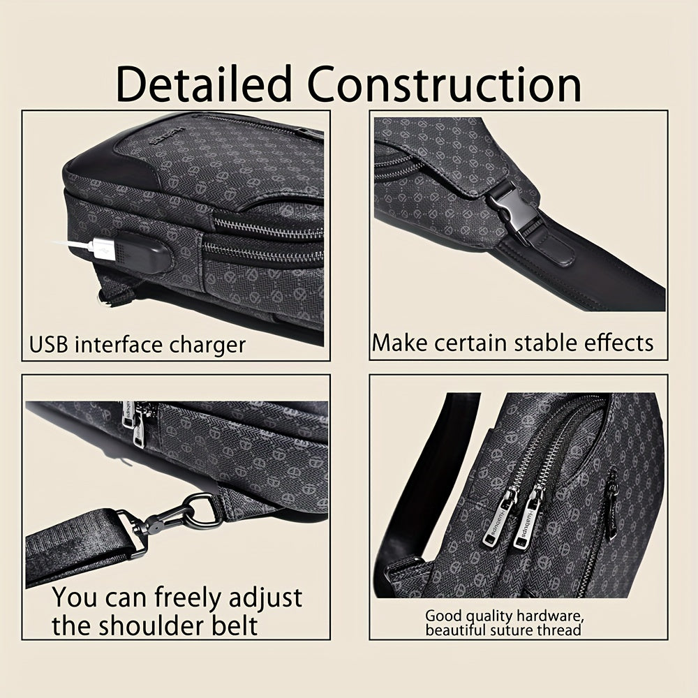 HUABUPS Men'S Crossbody Backpack - Black PVC Business Commuter Bag with USB Charging, Adjustable Strap, Multiple Compartments  Durable Design for Travel, Hiking, Daily Use - Ideal Gift for Men, Hiking Gear, Stylish Accessory