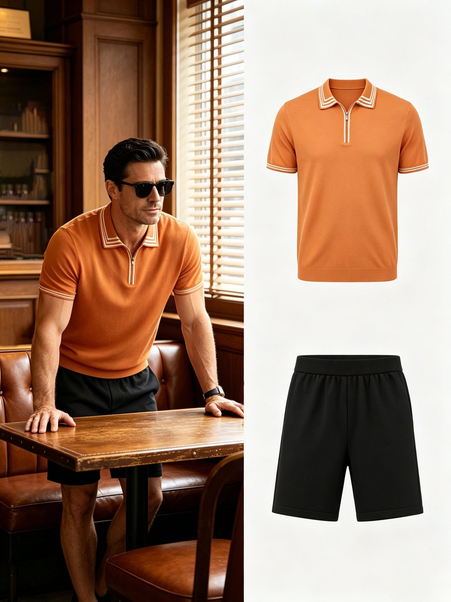 Men's Casual Striped Knit Polo & Lightweight Shorts Set