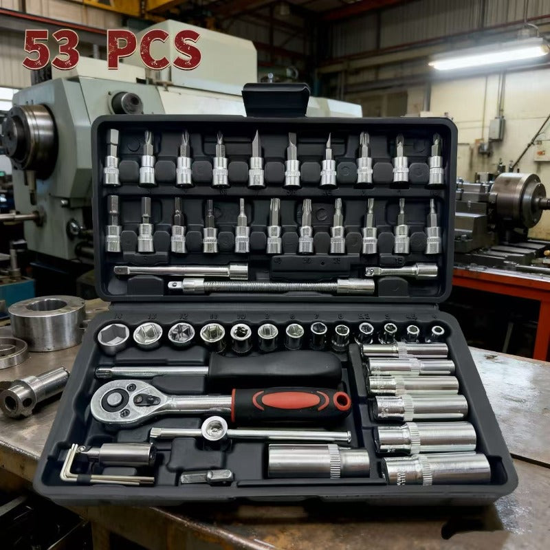 53pcs -in- Heavy-Duty Multi-Tool Kit Suitable for Car & Motorcycle Repair - Chrome-Vanadium Manual Tool Set with 53 Tools (Wrenches, Sockets,) in Black Case for Mechanics, DIY, Auto Maintenance