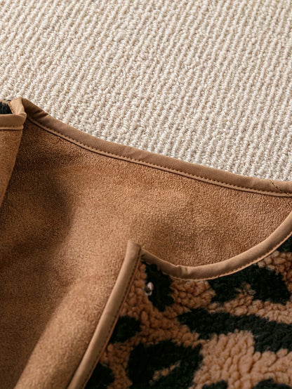 Women'S Elegant Leopard Print Long Sleeve Jacket - Cozy Winter Warmth, Non-Stretch Fabric, Regular Fit with Button Closure, Perfect for Fall & Winter Travel