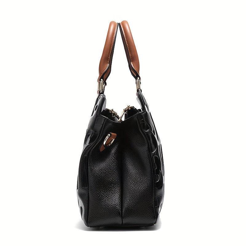 Stylish Black Genuine Leather Handbag with Brown Accents