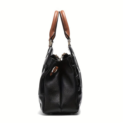 Stylish Black Genuine Leather Handbag with Brown Accents