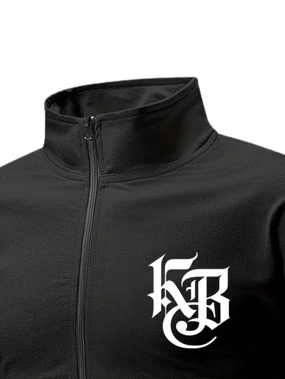 Casual Print Full-Zip Men'S Sportswear Set, Suitable for Gym Workouts And Running, Includes a Long-Sleeve Stand-Up Collar Jacket And Elastic Waist Joggers in a 2pcs Set