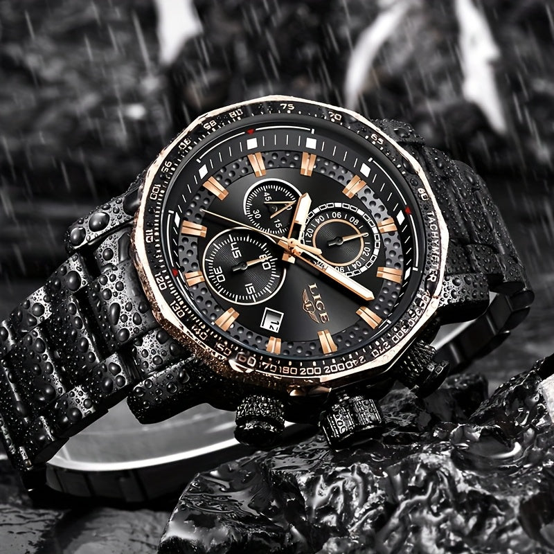 LIGE Watches Fashion Junior Men's Sports Multifunctional Quartz Watch, IP68 Waterproof Watch, Stainless Steel Band, Precision Chronograph, Stopwatch Date Function, Casual Elegant Vintage Style New Watch, Holiday Gifts - ayq