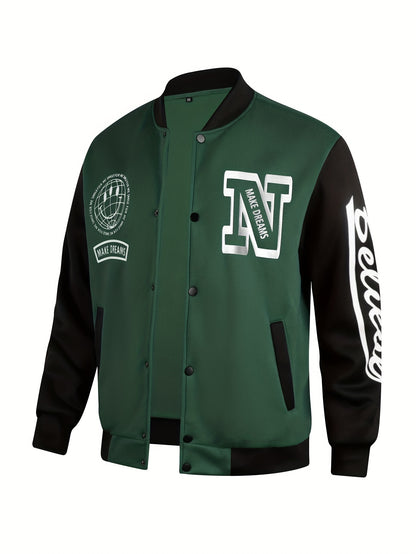 Men's Letter Print Contrast Color Baseball Jacket