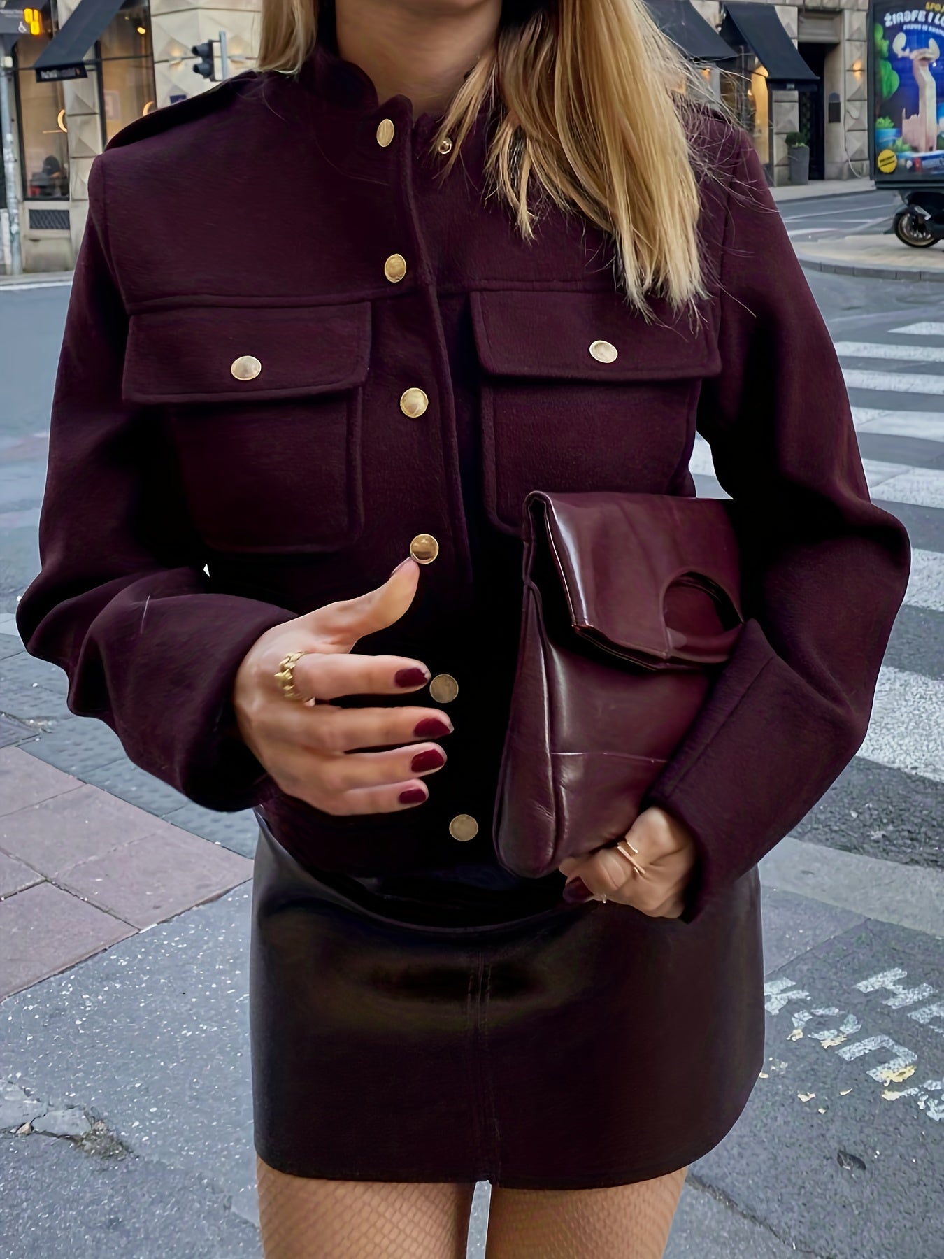 Women's Burgundy Red Jacket with Golden-Tone Button Closure - Structured Collar & Tailored Fit Casual Coat for Fall, Office, Semi-Formal Events - Machine Washable Outerwear (No Stretch)